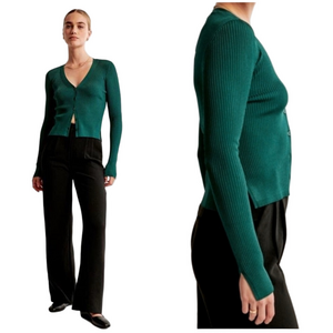 Abercrombie & Fitch Green Ribbed Knit Button Front Cardigan Sweater Size Medium